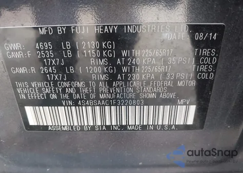 2015 Subaru Outback 2.5I from USA, damaged, VIN 4S4BSAAC1F3220803